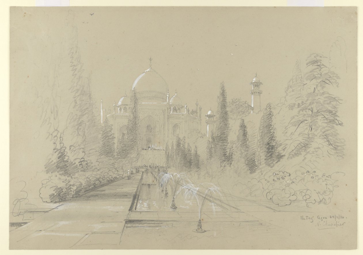 Taj Mahal, Agra, 24. tammikuuta 1870 (kynä valkoisella korostuksella paperilla) tekijältä Nicholas Chevalier