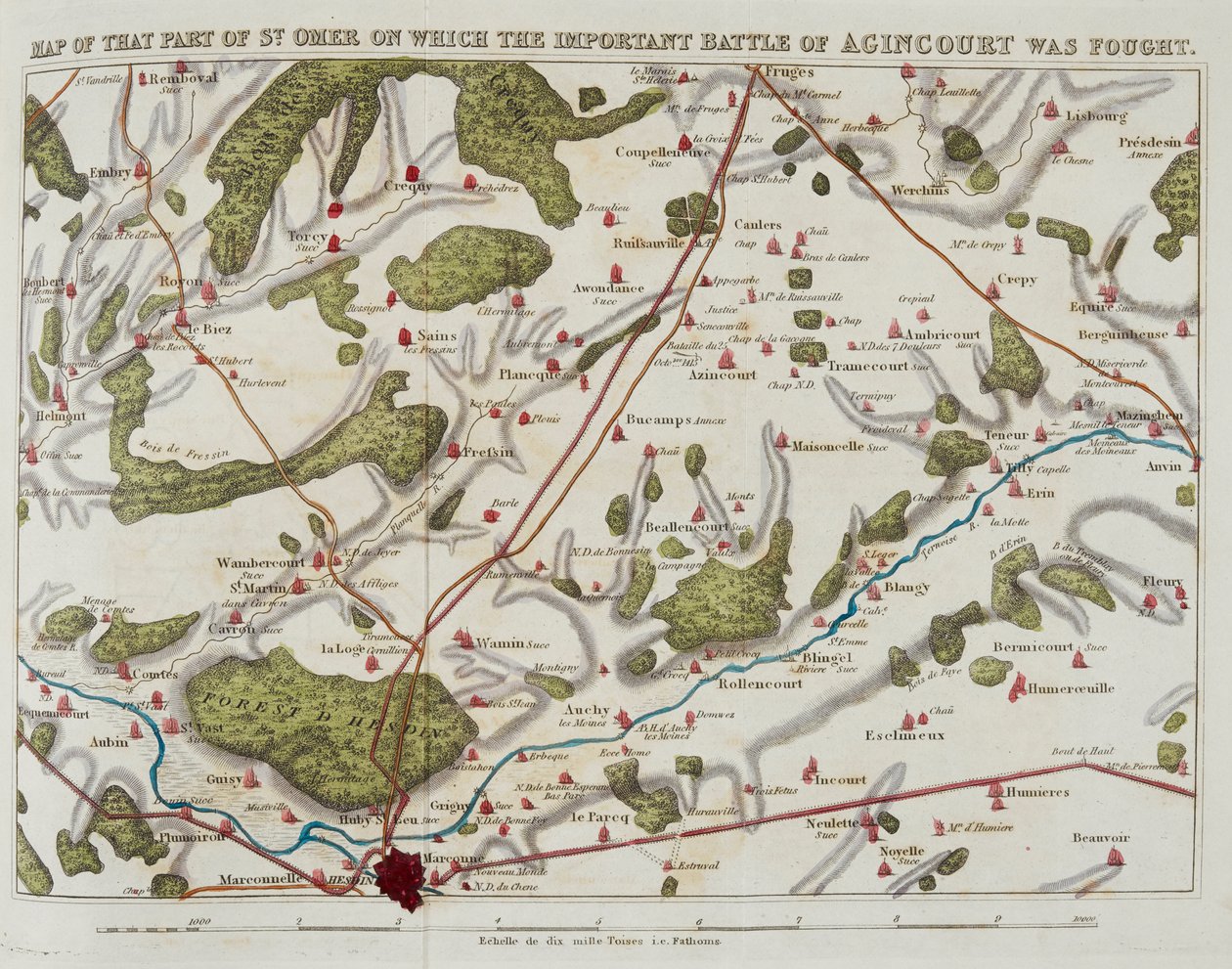 Kartta St. Omerin osasta, jolla käytiin tärkeä Agincourtin taistelu, esimerkki teoksesta The History of Agincourt; ja Henrik Viidennen matkasta Ranskaan..." tekijältä Nicholas Harris Nicolas
