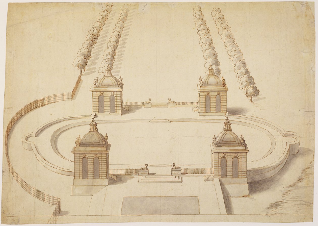 Suunnittelu Bowling Greenille, Hampton Court, n. 1689-1691 (kynä ja ruskea muste, pesu ja grafiitti paperilla) tekijältä Nicholas Hawksmoor