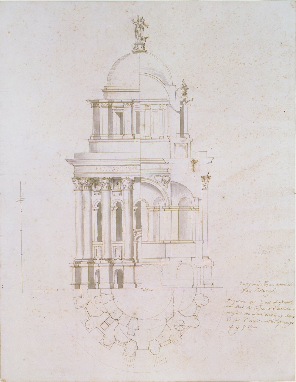 Toteutumattoman kastekappelin korkeus, poikkileikkaus ja suunnitelma Pyhän Paavalin katedraalille, n. 1711-1712 (kynä ja mustepesu paperille) tekijältä Nicholas Hawksmoor