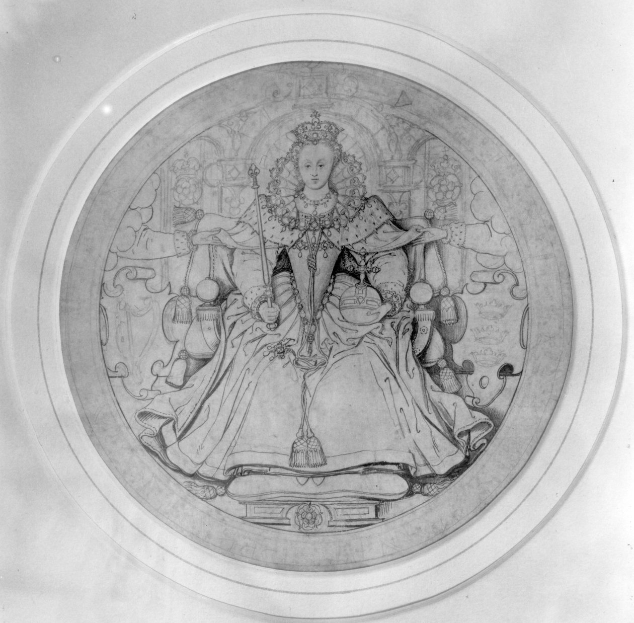 Suunnittelu kuningatar Elisabet I:n Irlannin suuren sinetin kääntöpuolelle, n. 1584 (kynä, muste ja grafiitti tarranauhalla) tekijältä Nicholas Hilliard