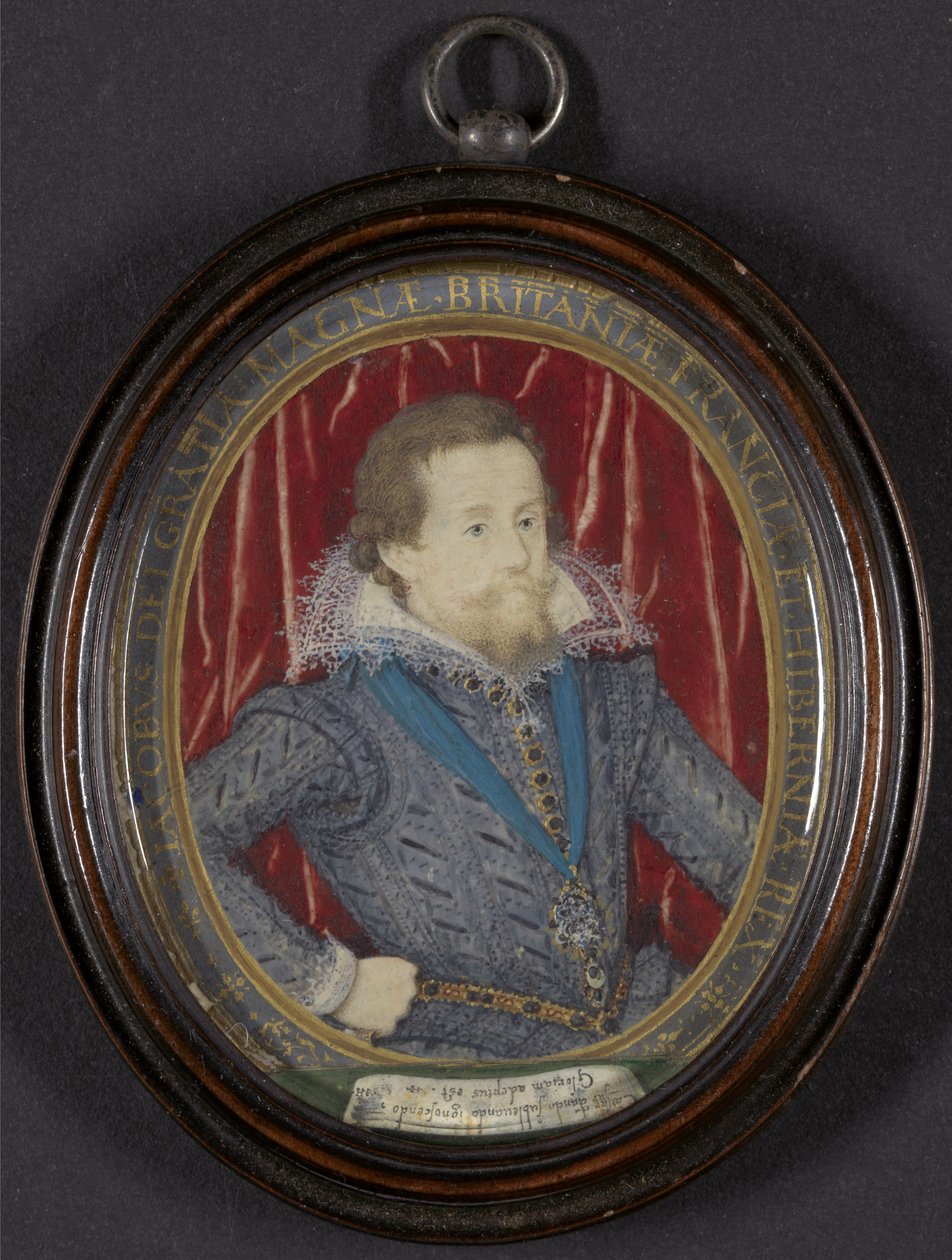 James I Englannista ja VI Skotlannista, n. 1610 (w/c, guassi ja kulta, kynä ja musta muste tarranauhalla) tekijältä Nicholas Hilliard