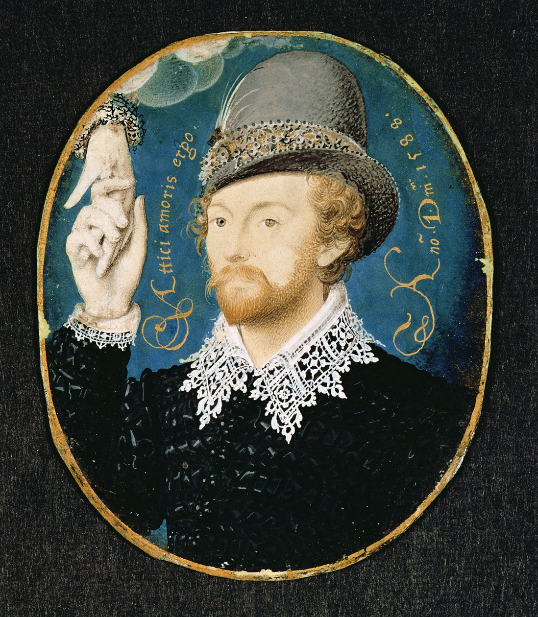 Mies puristaa kättä pilvestä, mahdollisesti William Shakespeare, 1588 tekijältä Nicholas Hilliard