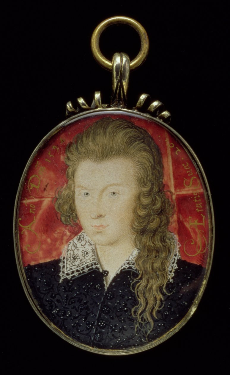Nro 3856 Henry Wriothesley, Southamptonin 3. jaarli (1573-1624), noin 1594 (guassi pergamentille). tekijältä Nicholas Hilliard