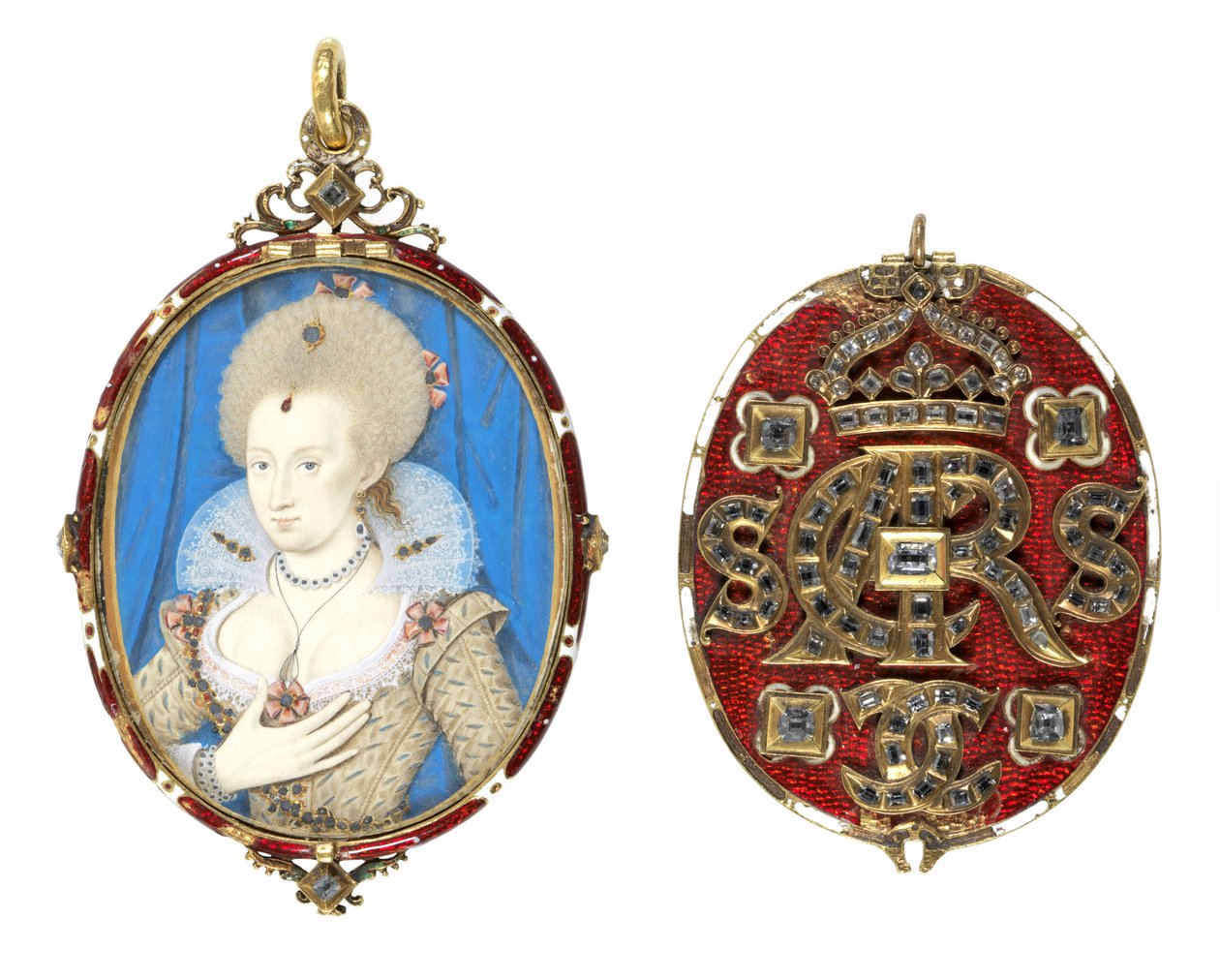 Tanskan kuningatar Annen (1574-1619) miniatyyri jalokivikoristeella, n. 1611 (wc helmikankaalla, emaloitu kultakehys pöytätimanteilla) (katso myös 69710) tekijältä Nicholas Hilliard