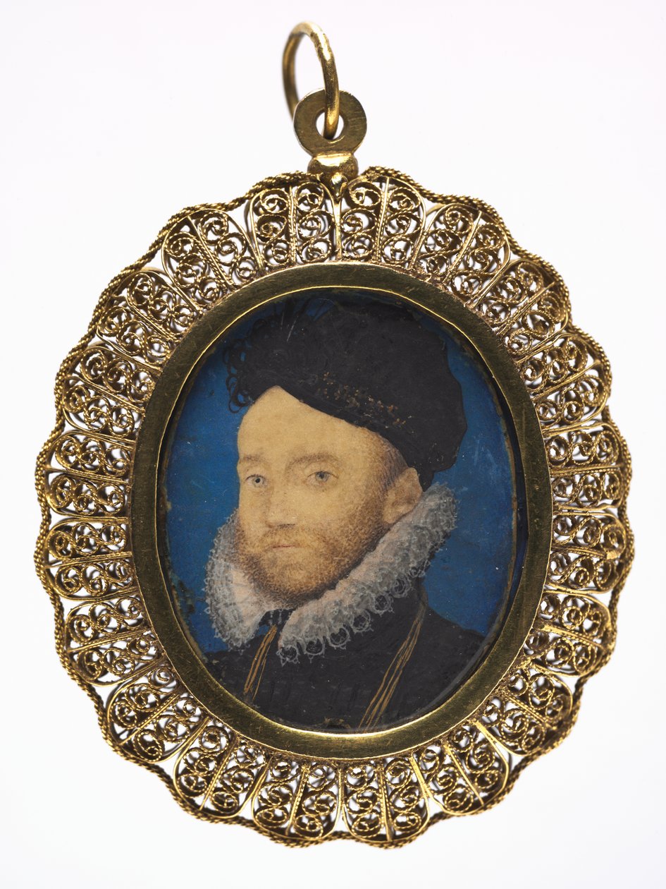 Miehen muotokuva, n. 1590 (v/c vellum, myöhemmässä kullatussa metallikehyksessä) tekijältä Nicholas Hilliard