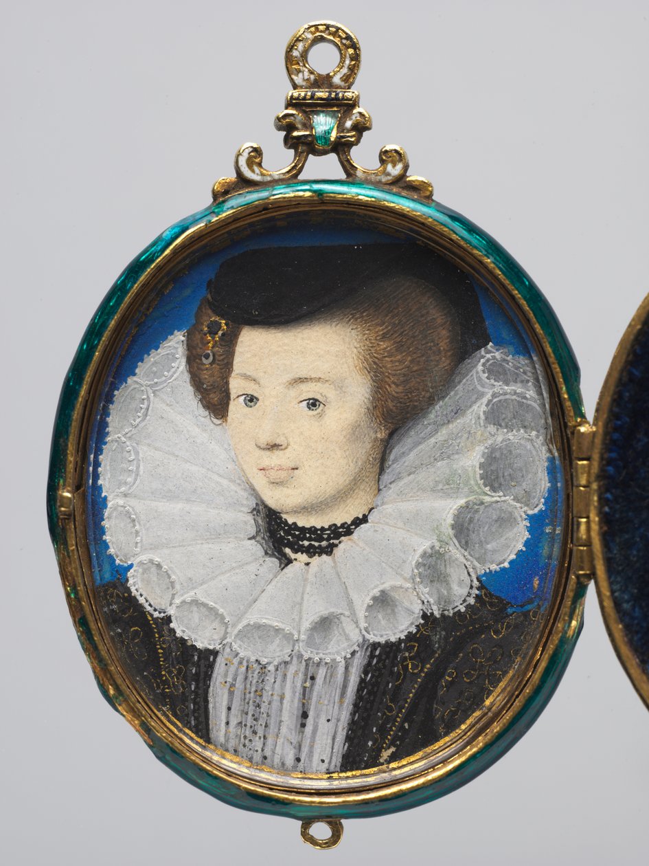 Naisen muotokuva, n. 1593 (akvarelli persukankaalla kultaisessa ja emaloidussa medaljongissa) tekijältä Nicholas Hilliard