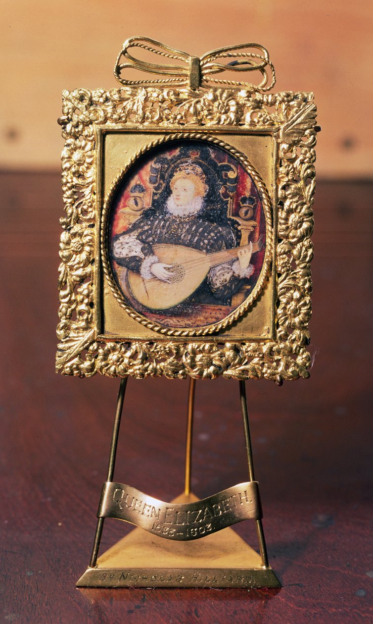 Kuningatar Elisabet I soittaa luuttua (miniatyyri, joka sisältää messinkitelineen) (katso myös 75751) tekijältä Nicholas Hilliard