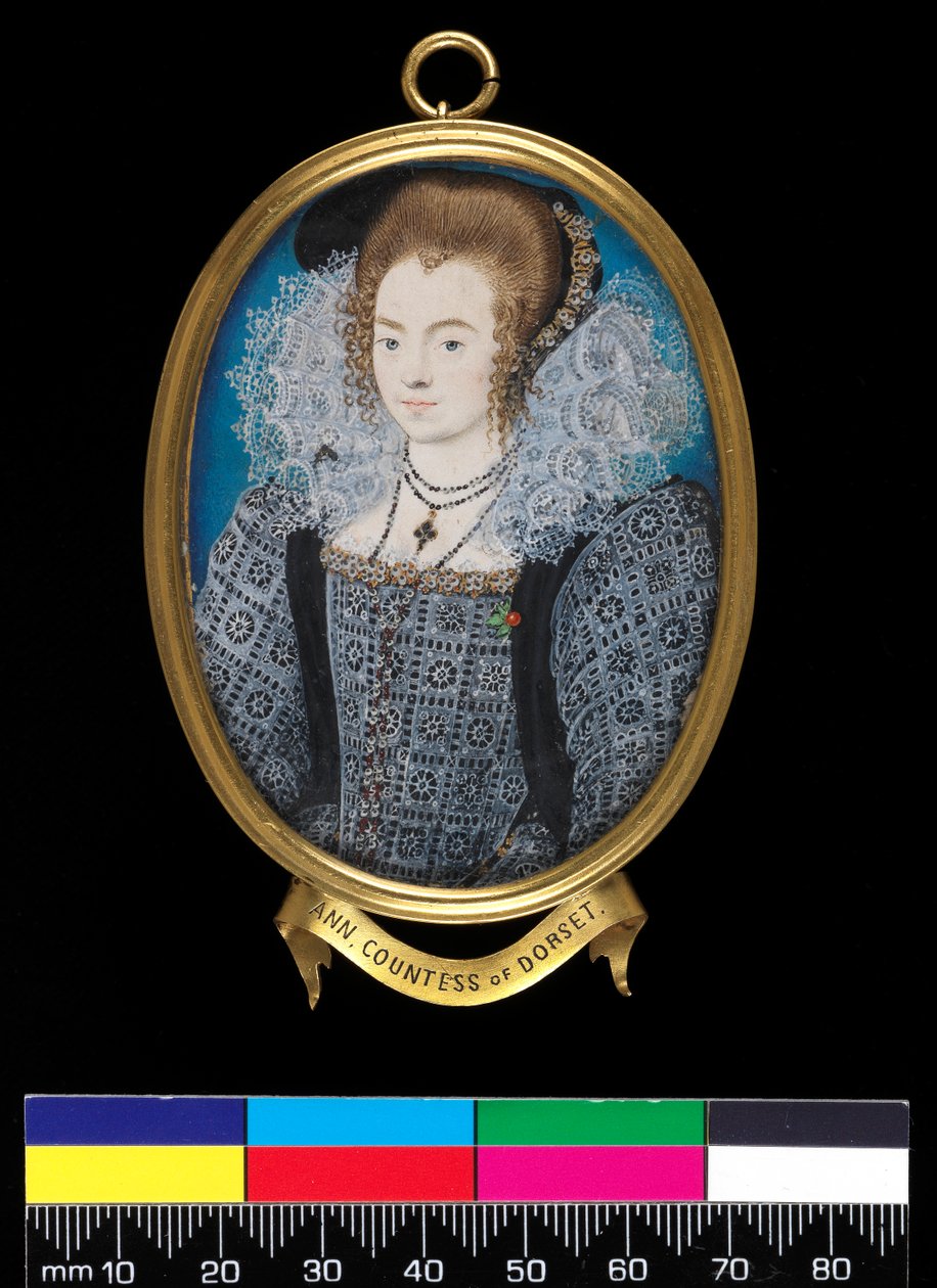 Tuntematon nainen (aiemmin Dorsetin kreivitär), n. 1595 (vartalonväri pelikortilla) tekijältä Nicholas Hilliard