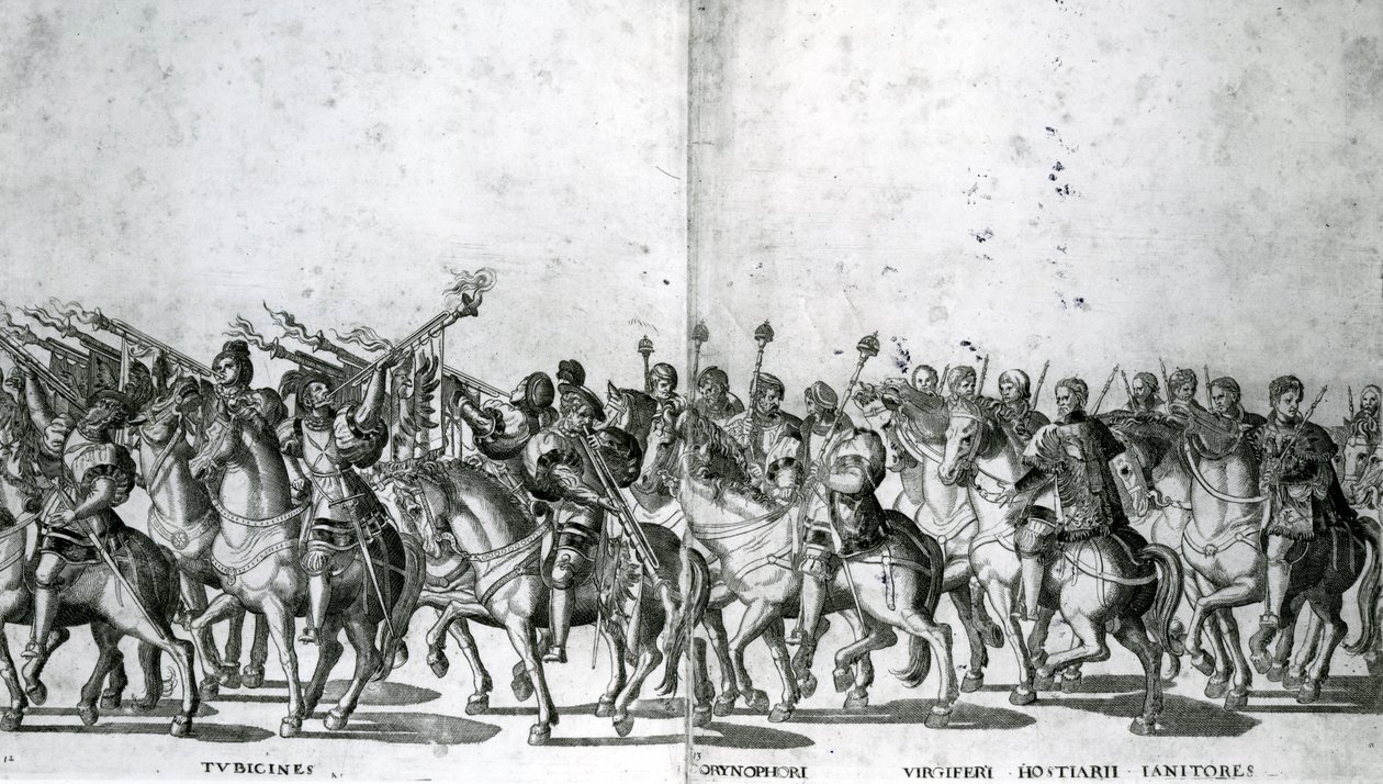Kilvet 12 ja 13 paavi Klemens VII:n ja keisari Kaarle V:n saapumisesta Bolognaan 24. helmikuuta 1530, julkaistu noin 1530 tekijältä Nicholas Hogenberg