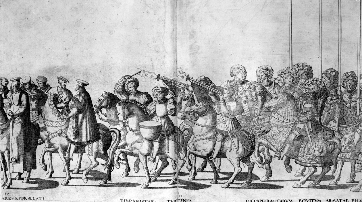 Kilvet 30 ja 31 paavi Klemens VII:n ja keisari Kaarle V:n saapumisesta Bolognaan 24. helmikuuta 1530, julkaistu noin 1530 tekijältä Nicholas Hogenberg