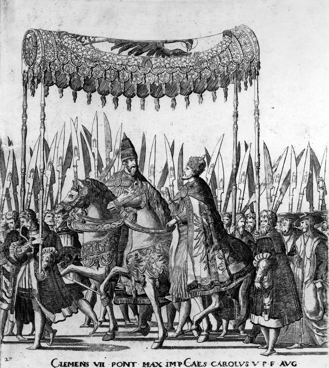 Paavi Klemens VII:n ja keisari Kaarle V:n saapuminen Bolognaan 24. helmikuuta 1530, levy 27, n. 1530 (472273:n yksityiskohta) tekijältä Nicholas Hogenberg
