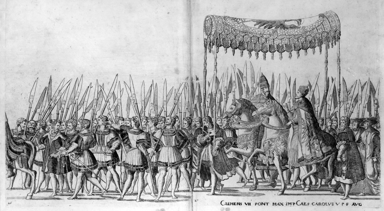 Paavi Klemens VII:n ja keisari Kaarle V:n saapuminen Bolognaan 24. helmikuuta 1530, levy 27, n. 1530 tekijältä Nicholas Hogenberg