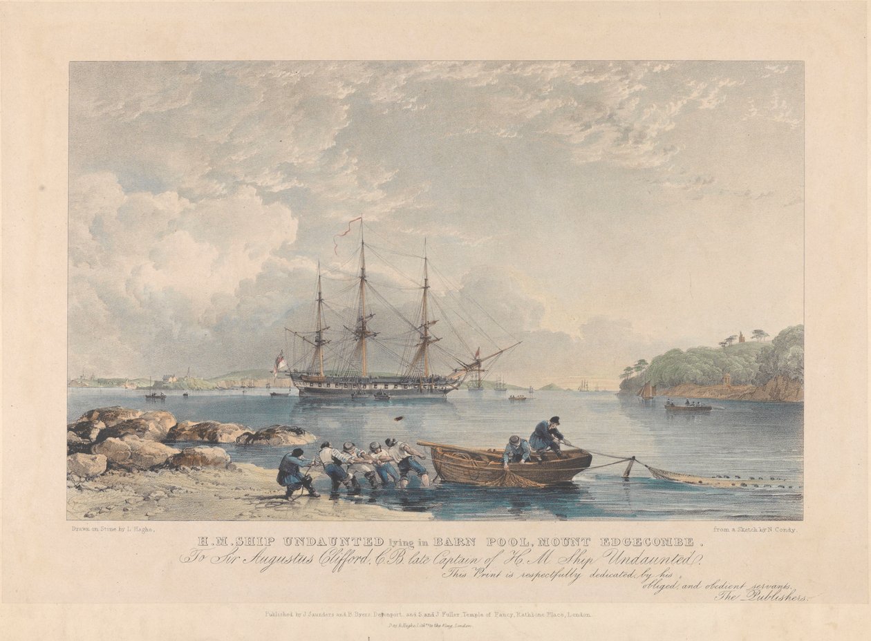 Litografia HMS "Undauntedista" (1807), joka makaa Barn Poolissa, Mount Edgecombe, noin 1797-1811 (litografia, värillinen). tekijältä Nicholas Matthews (after) Condy