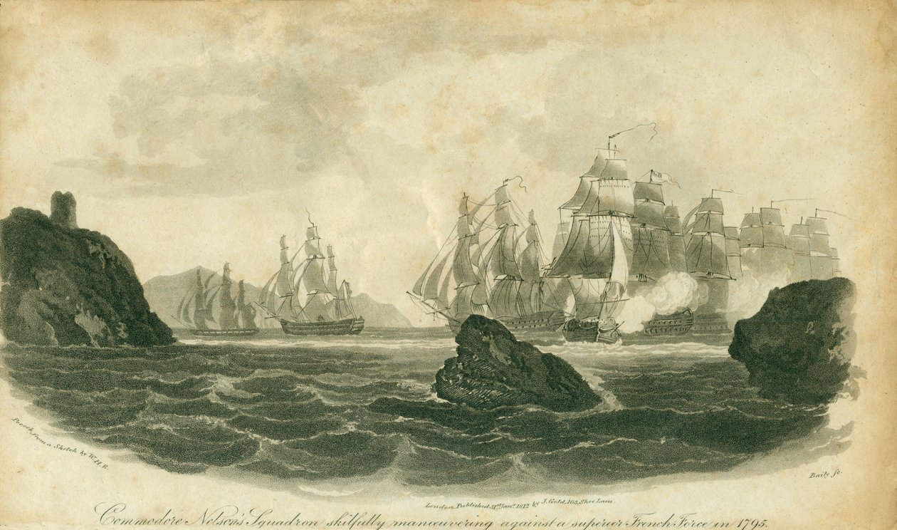 Kommodori Nelsonin laivue manööveroi taitavasti ylivoimaista ranskalaisjoukkoa vastaan vuonna 1795. tekijältä Nicholas Pocock