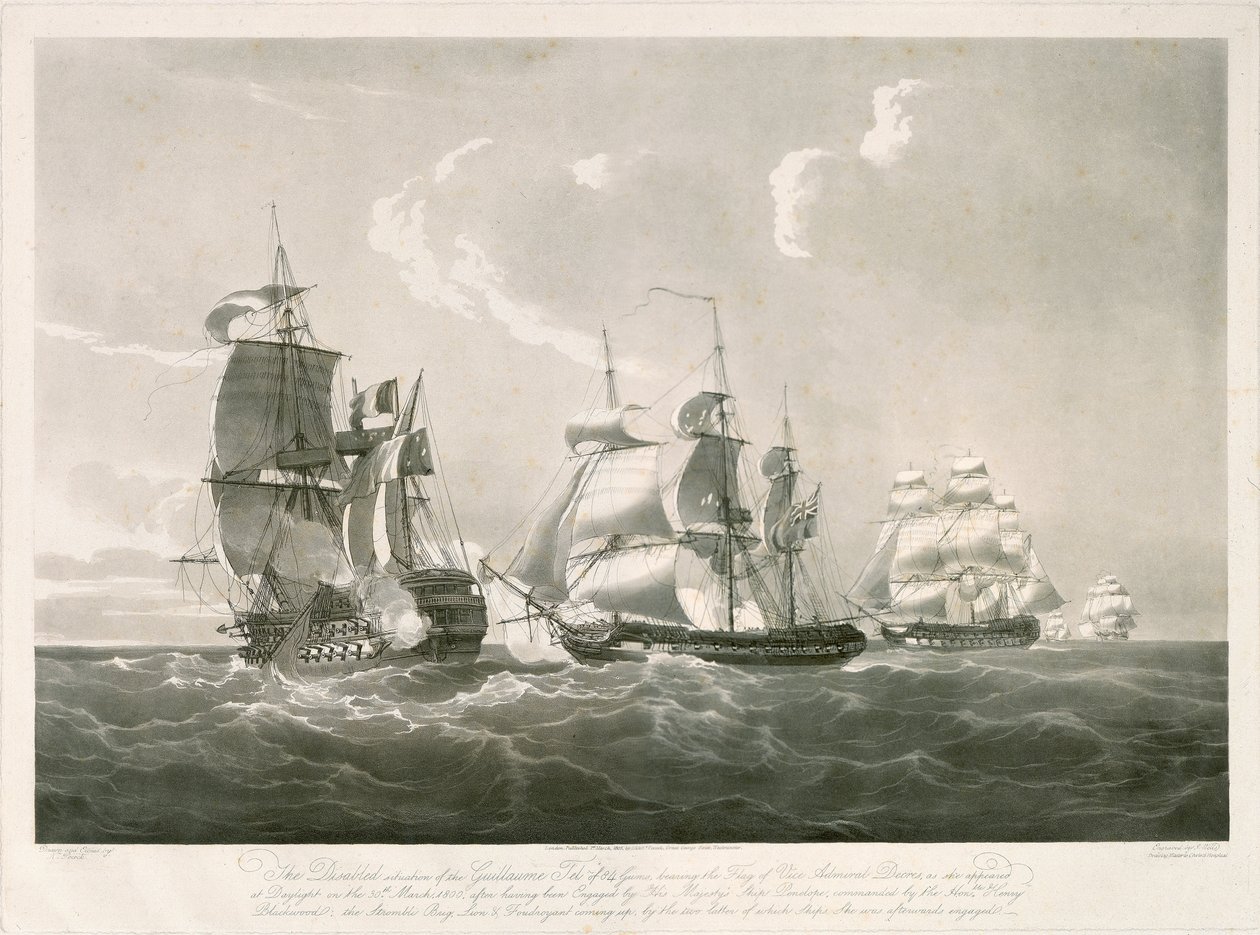 Guillaume Tel -aluksen ja HMS Penelopen välinen taistelu, 30. maaliskuuta 1800. tekijältä Nicholas Pocock