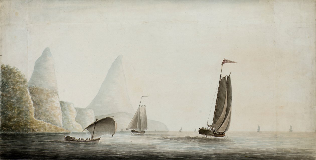 Orjien laivaus Pitons-joen edustalla, St. Lucia, noin 1771 (akvarelli). tekijältä Nicholas Pocock