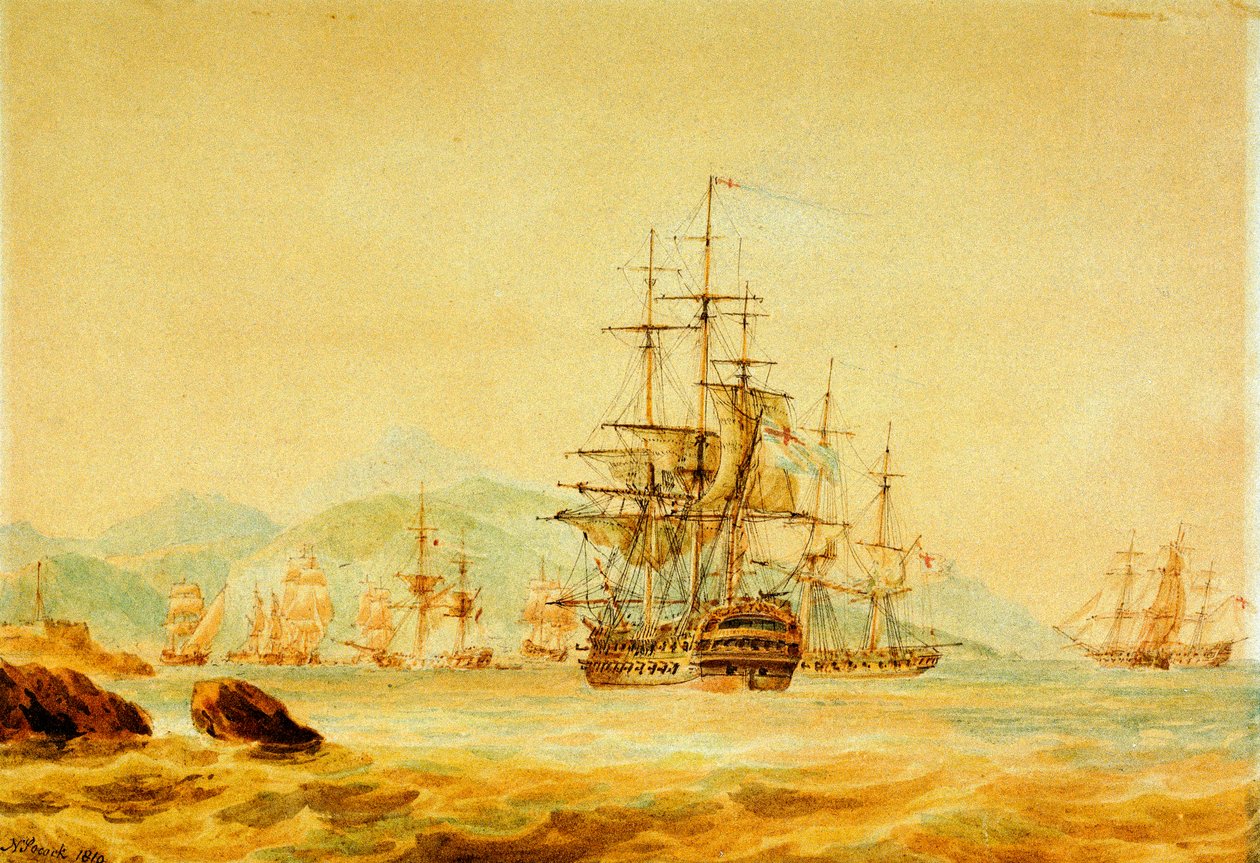 Agamemnon" leikkaa ranskalaisia aluksia Port Mauricesta, lähellä Onegliaa. tekijältä Nicholas Pocock