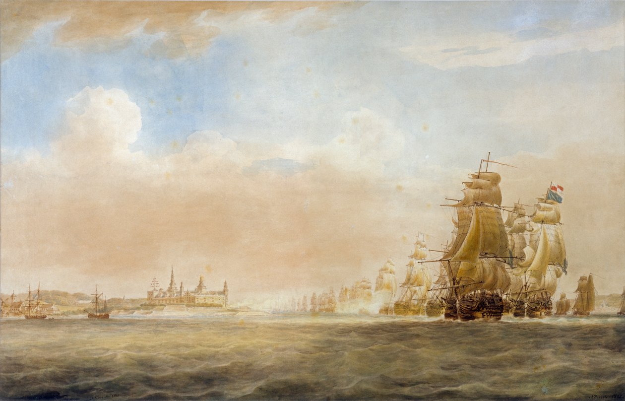 Englannin laivasto Kronborgin linnan edustalla Helsingørissä 28. maaliskuuta 1801 [ennen Kööpenhaminan taistelua]. tekijältä Nicholas Pocock