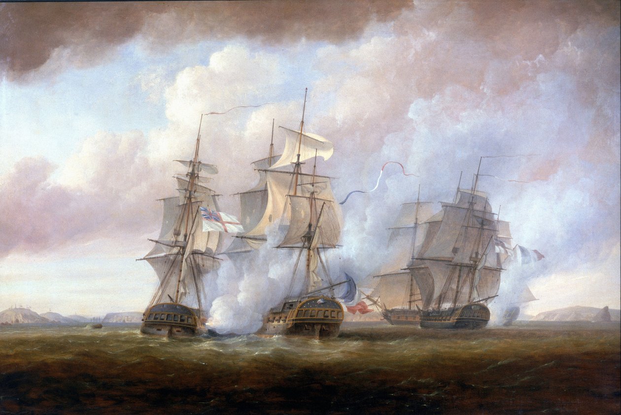 Ranskalaisten fregattien "Resistance" ja "Constance" kaappaus HMS "San Fiorenzo" ja "Nymphe" toimesta 9. maaliskuuta. tekijältä Nicholas Pocock