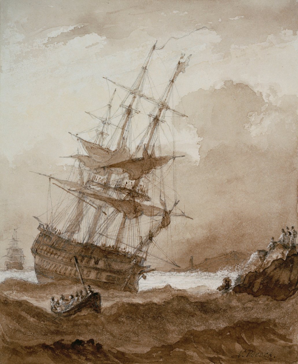 Kaksikerroksinen vene myrskyssä rannikon edustalla, 1700-luvun loppupuoli - 1800-luvun alku (ruskea pesu). tekijältä Nicholas Pocock