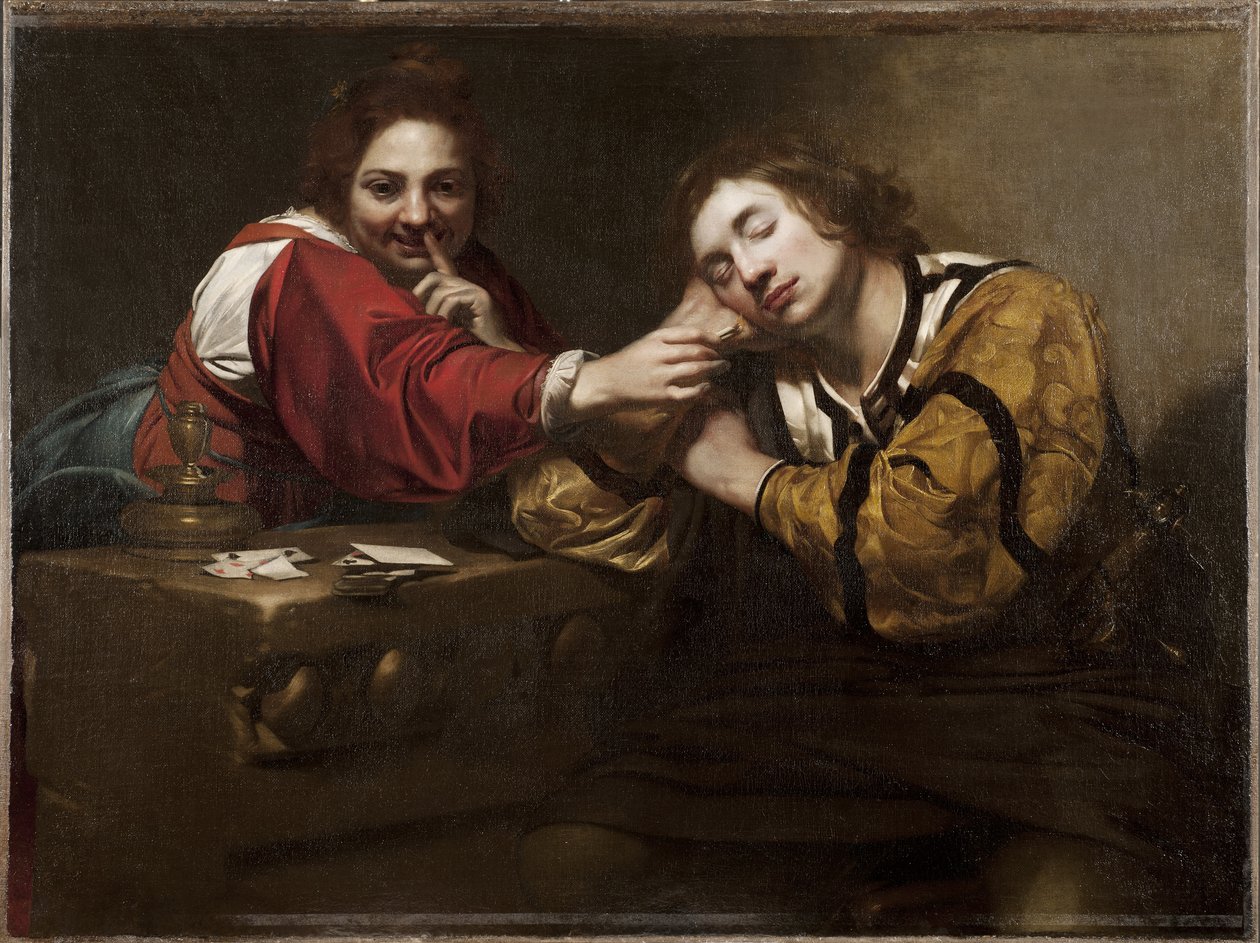 Ennustava kohtaus (Nuoren naisen herättämä nukkuja), kirjoittanut Renieri, Niccolo (Nicolas Regnier) (n. 1590-1667). öljy kankaalle tekijältä Nicholas Renieri