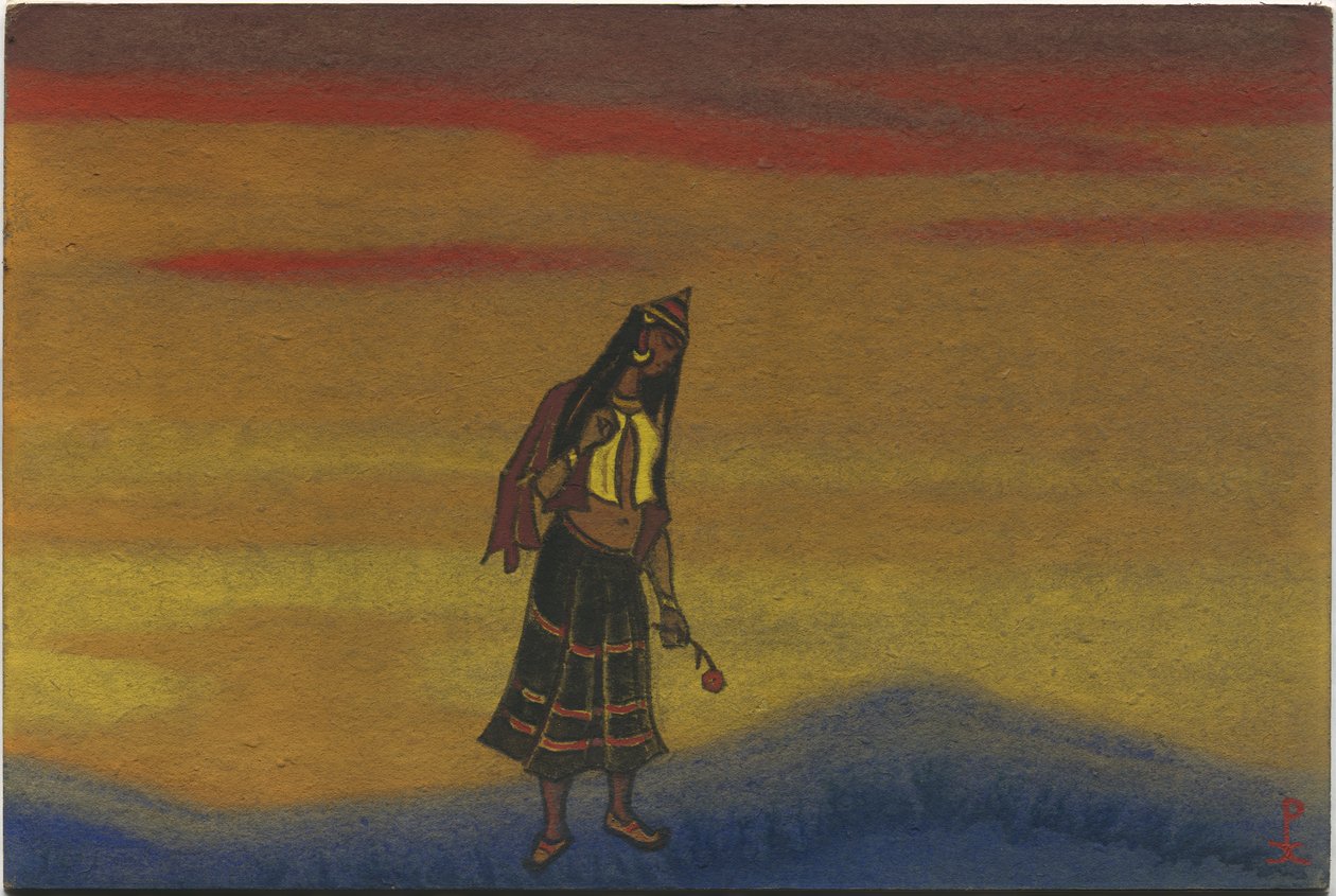 Vankeudessa oleva tyttö ruusulla, pukusuunnittelu Borodinin oopperaan "Prinssi Igor", "Polovtsian tanssit", 1943 tekijältä Nicholas Roerich