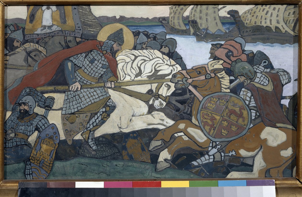 Aleksanteri Nevski (1220-1263) iski Birger Jarliin (1210-1266) (tai Bjalbon Birger Magnussoniin). Nevan taistelun jakso (1240). Nicolas Roerichin (1874-1947) työ, guassi pahville tekijältä Nicholas Roerich