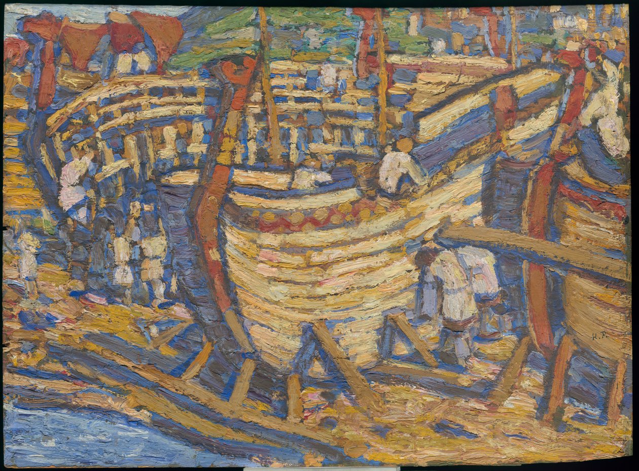 Laivojen rakentaminen. Luonnos samannimiseen maalaukseen, 1903 tekijältä Nicholas Roerich
