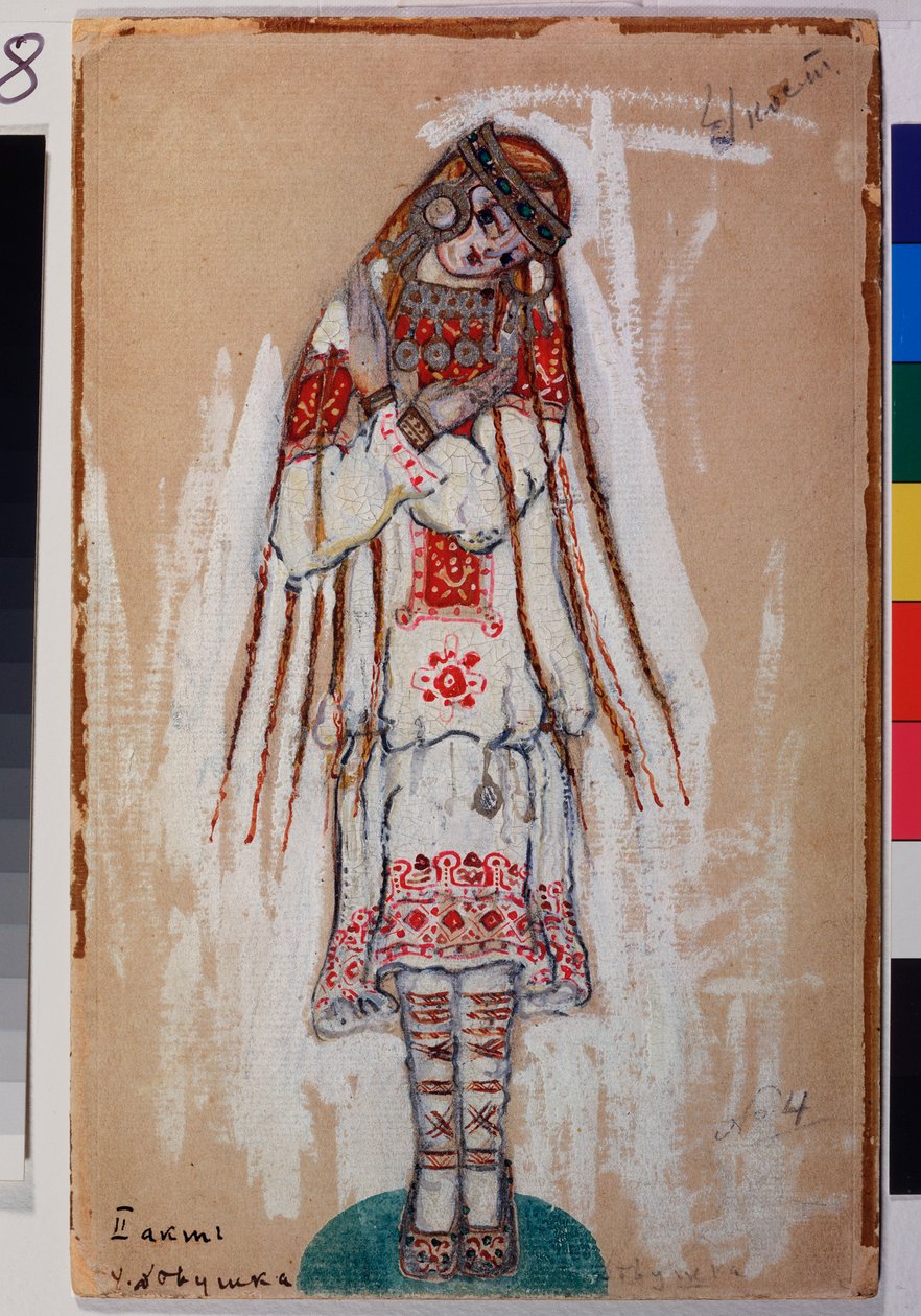 Puku naishahmolle Igor Stravinskyn (1882-1971) baletista "The Rite of Spring". Nicolas (Nicholas) Roerichin (1874-1947) työ, guassi pahville tekijältä Nicholas Roerich