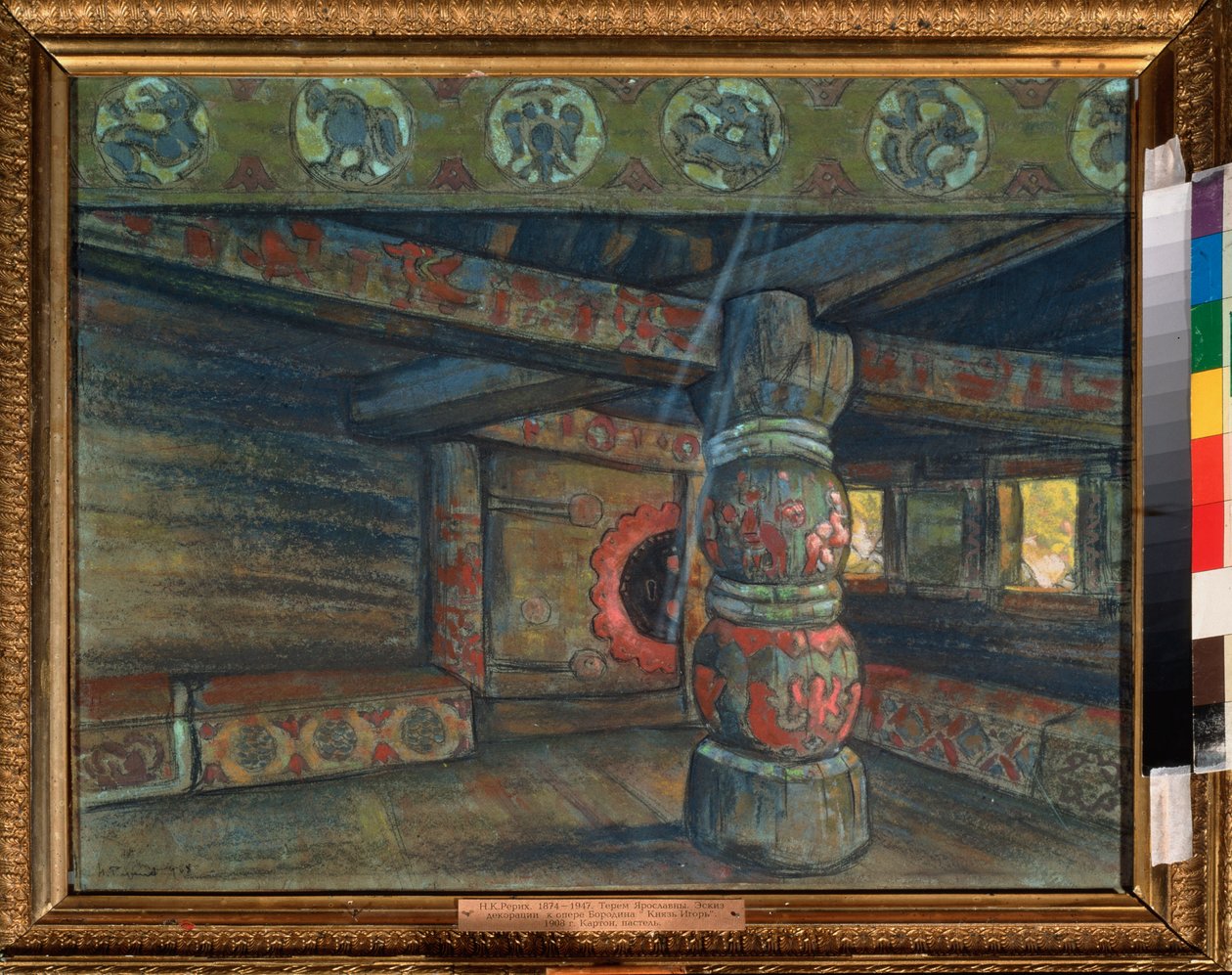 Valmisteleva sisustus Aleksanteri Borodinin (Borodin) (1833-1887) oopperaan "Prince Igor"". Nicolas (Nicholas) Roerichin (1874-1947) työ, guassi ja pastelli paperille tekijältä Nicholas Roerich
