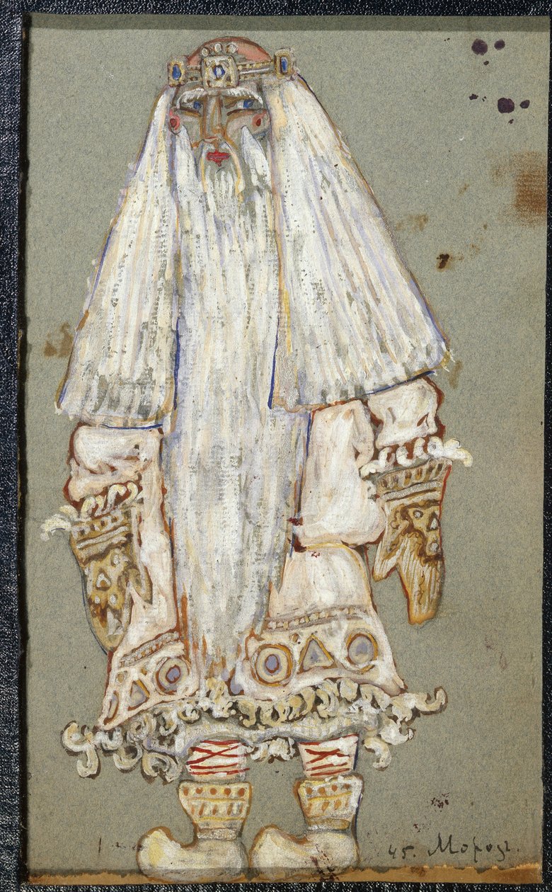 Ded Moroz (Isoisä Frost, Joulupukki). Pukuprojekti Alexandre Ostrovskin (1823-1886) näytelmään The Snow Maiden. Nicholas Roerichin (1874-1947) teos, tempera paperille tekijältä Nicholas Roerich