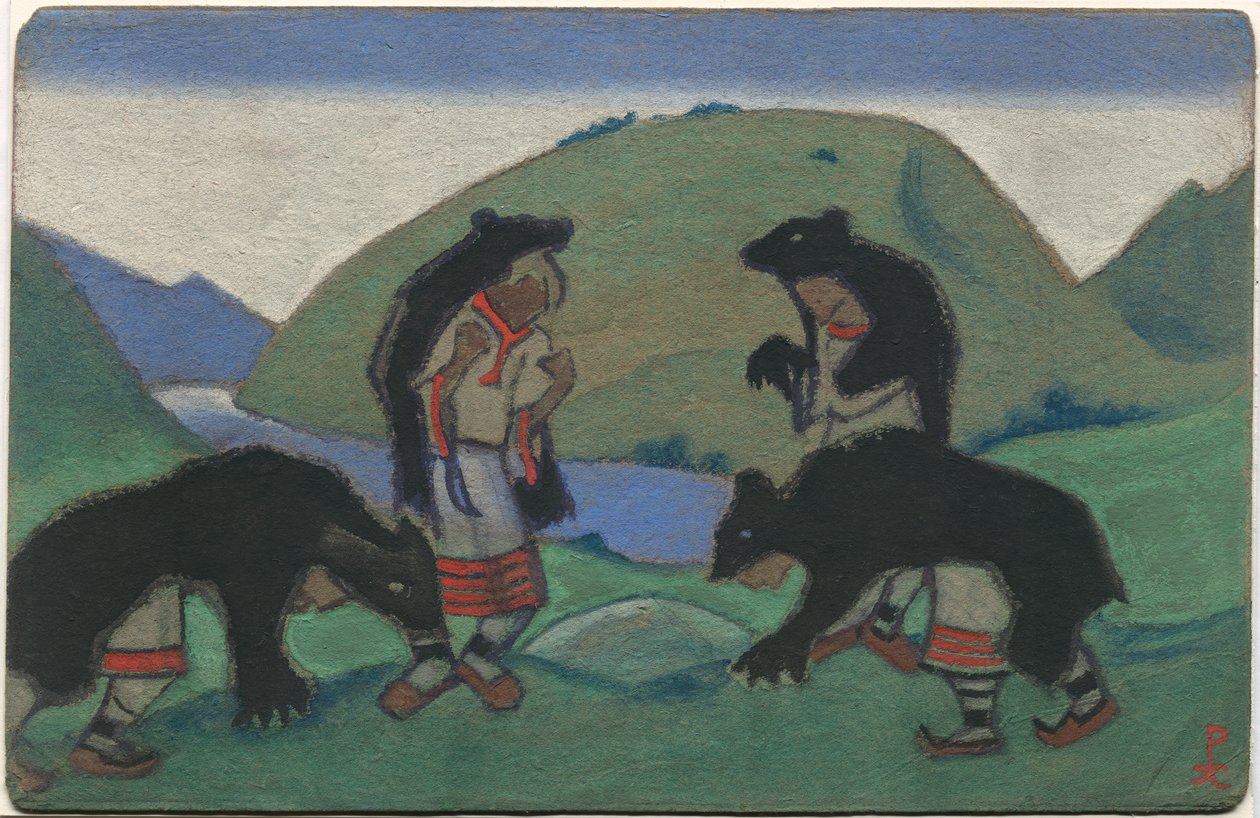Elders in Bearskins, sisustus- ja pukusuunnittelu Stravinskyn balettiin "Le Sacre du Printemps", 1944 tekijältä Nicholas Roerich