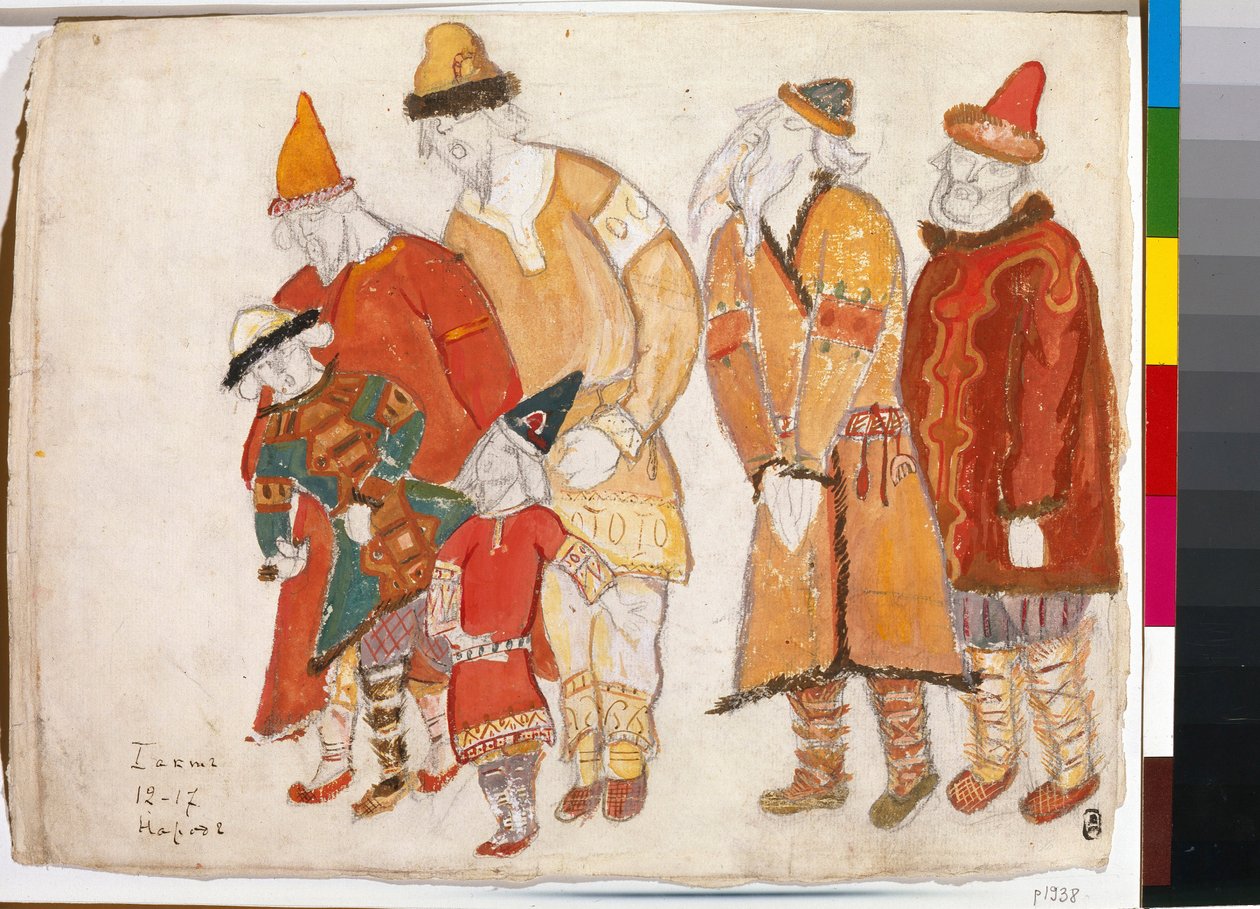 Kansan ihmiset. Puvut Aleksanteri Borodinin (Borodin) (1833-1887) oopperaan "Prince Igor"". Nicolas (Nicholas) Roerichin (1874-1947) työ, akvarelli ja guassi paperille tekijältä Nicholas Roerich