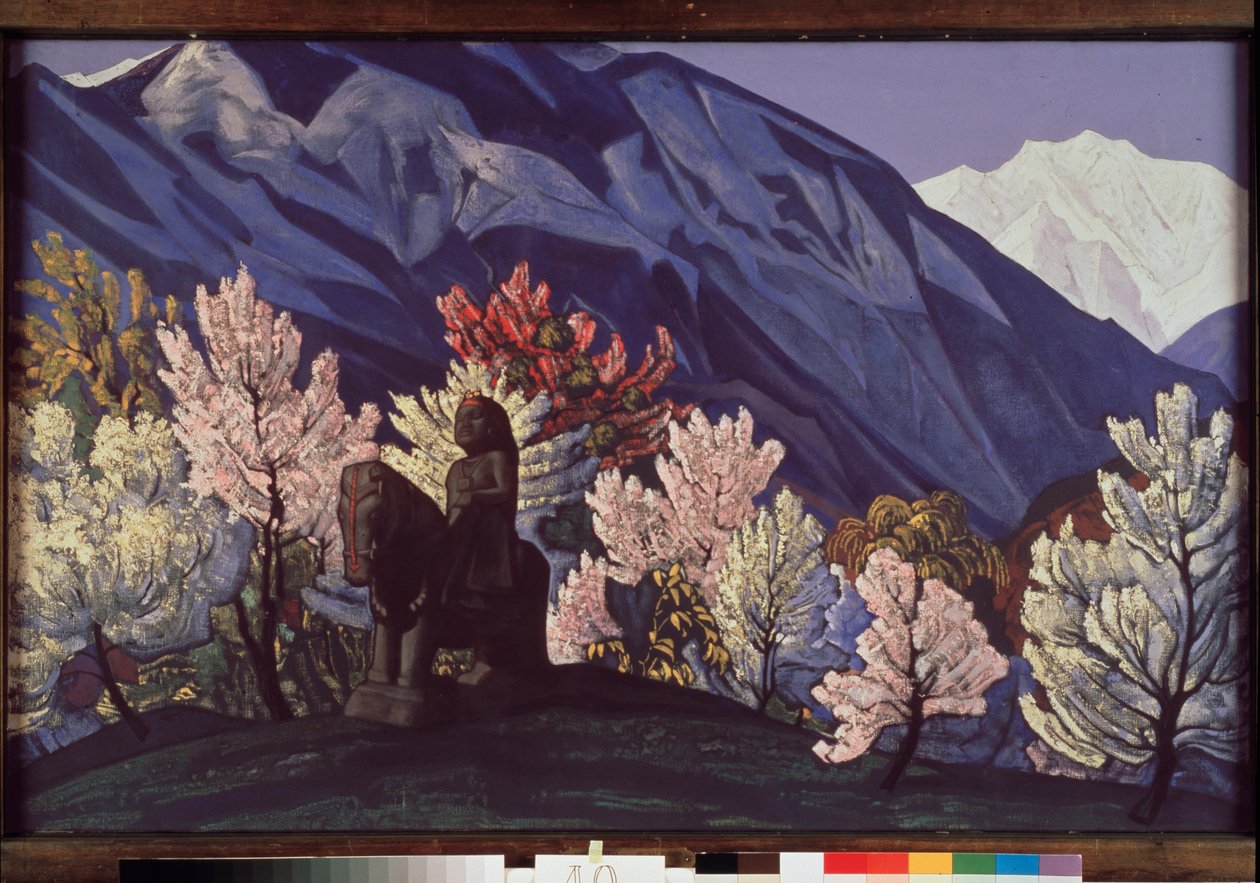 Guga Chohan. Kulu Valley (Intia). (Ratsastuspatsas Himalajan kukkivien puiden joukossa). Nicolas (Nicholas) Roerichin (1874-1947) maalaus, tempera kankaalle tekijältä Nicholas Roerich