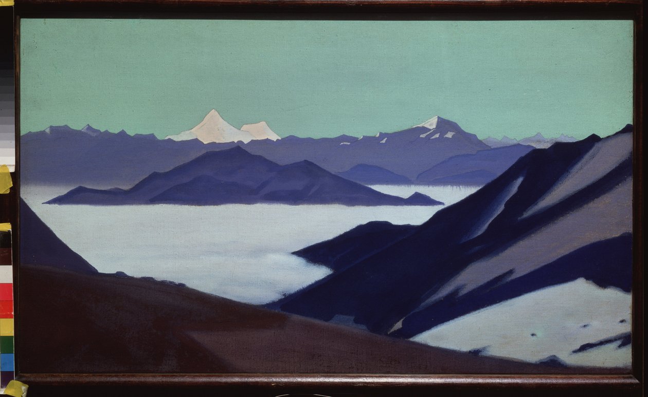 Himalaja (Tiibet). Sumua vuorilla. (Himalaja. Sumua vuorilla). Nicholas Roerichin (1874-1947) teos, tempera kankaalle, ennen 1936. Venäläinen taide, 1900-luku, symboliikka. Venäjän valtionmuseo, Pietari. tekijältä Nicholas Roerich