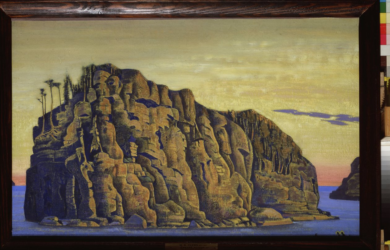 Pyhä saari (Pyhä saari). Nicholas Roerichin (1874-1947) työ, tempera kankaalle tekijältä Nicholas Roerich