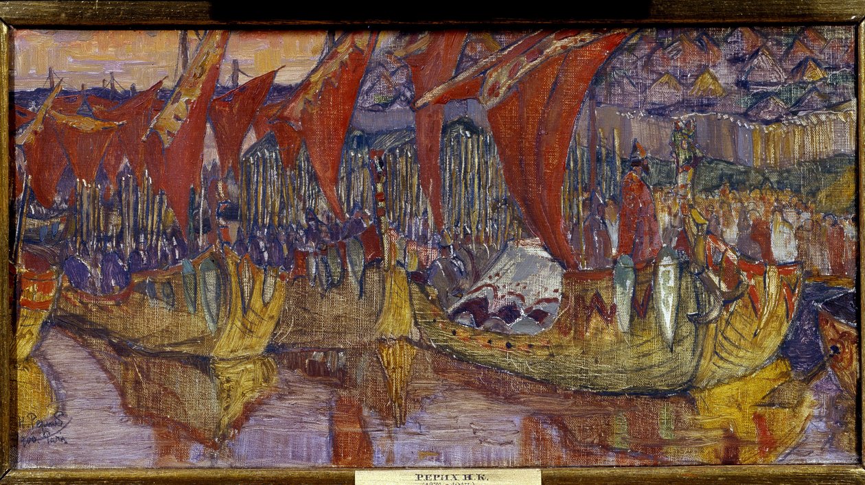La campanya de Chersonesos de Vladimir el Gran (o El Sant, o el Sol Roig, Vladimir I Sviatoslavitch de Kíev, 958-1015). Les Veles Vermelles. Pintura de Nicolas Roerich (1874-1947), oli sobre tela finlandès tekijältä Nicholas Roerich