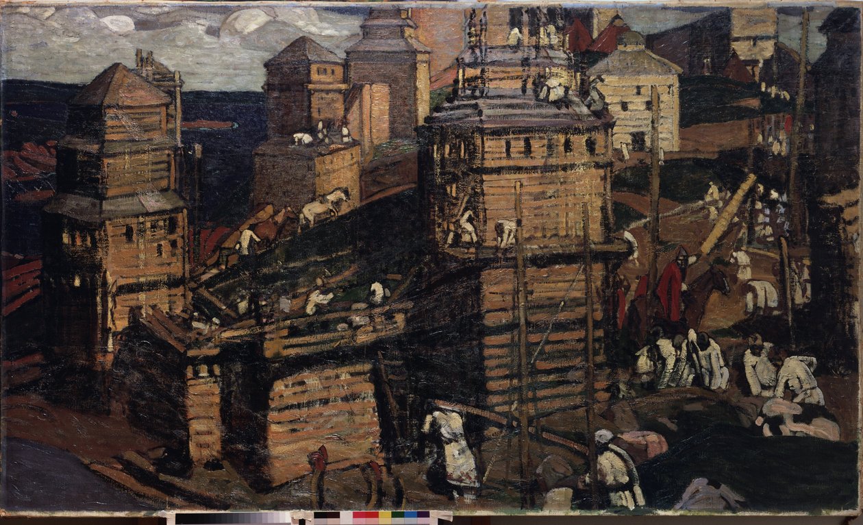 Kaupungin rakentaminen. (Rakenna kaupunkia). (Ukrainan maaseutuyhteisölle). Nicholas Roerichin (1874-1947) maalaus öljy kankaalle tekijältä Nicholas Roerich