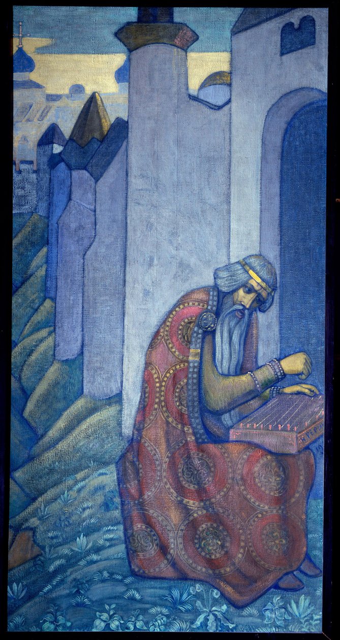 Venäläinen bardi Boyan soittamassa gusliä (gusli, housli, husli) 1000-luvulla. Nicolas (Nicholas) Roerichin (1874-1947) maalaus, tempera kankaalle tekijältä Nicholas Roerich