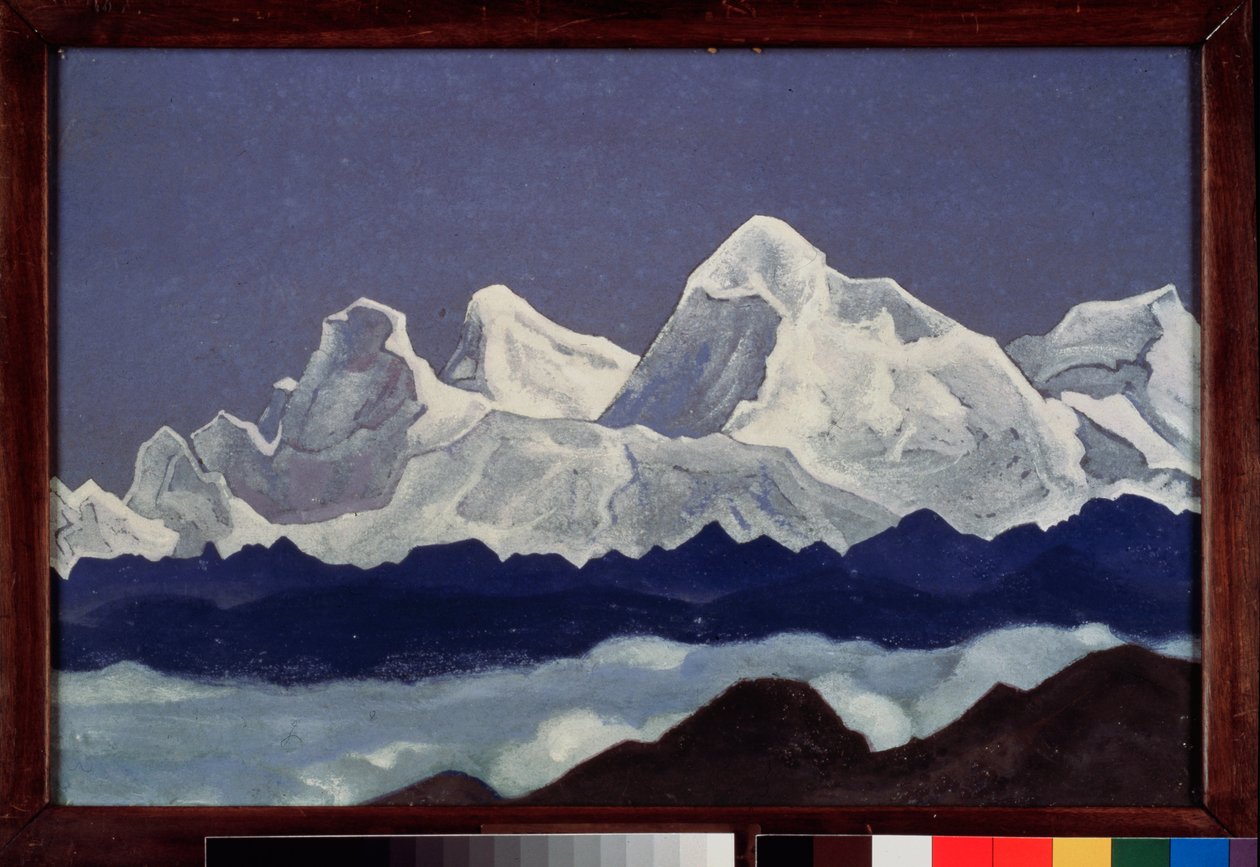 Mount Everest (Chomolungma) Himalajalla (Tiibet). Nicolas (Nicholas) Roerichin (1874-1947) maalaus, tempera kankaalle tekijältä Nicholas Roerich