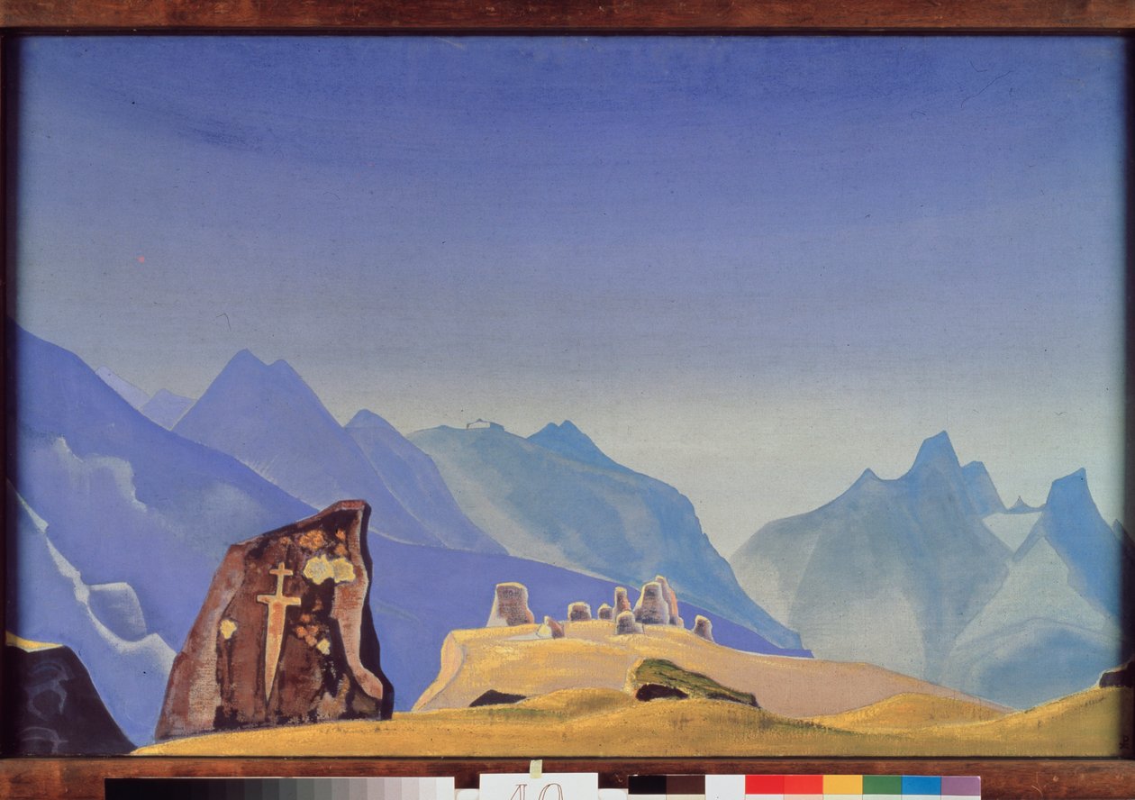 Gesar Khanin (tai Lingin kuninkaan Gesarin, mongolien ja tiibetiläisen sankarin) miekka. (Kivihauta Himalajan ketjun huipulla). Nicolas (Nicholas) Roerichin (1874-1947) tempera kankaalle tekijältä Nicholas Roerich