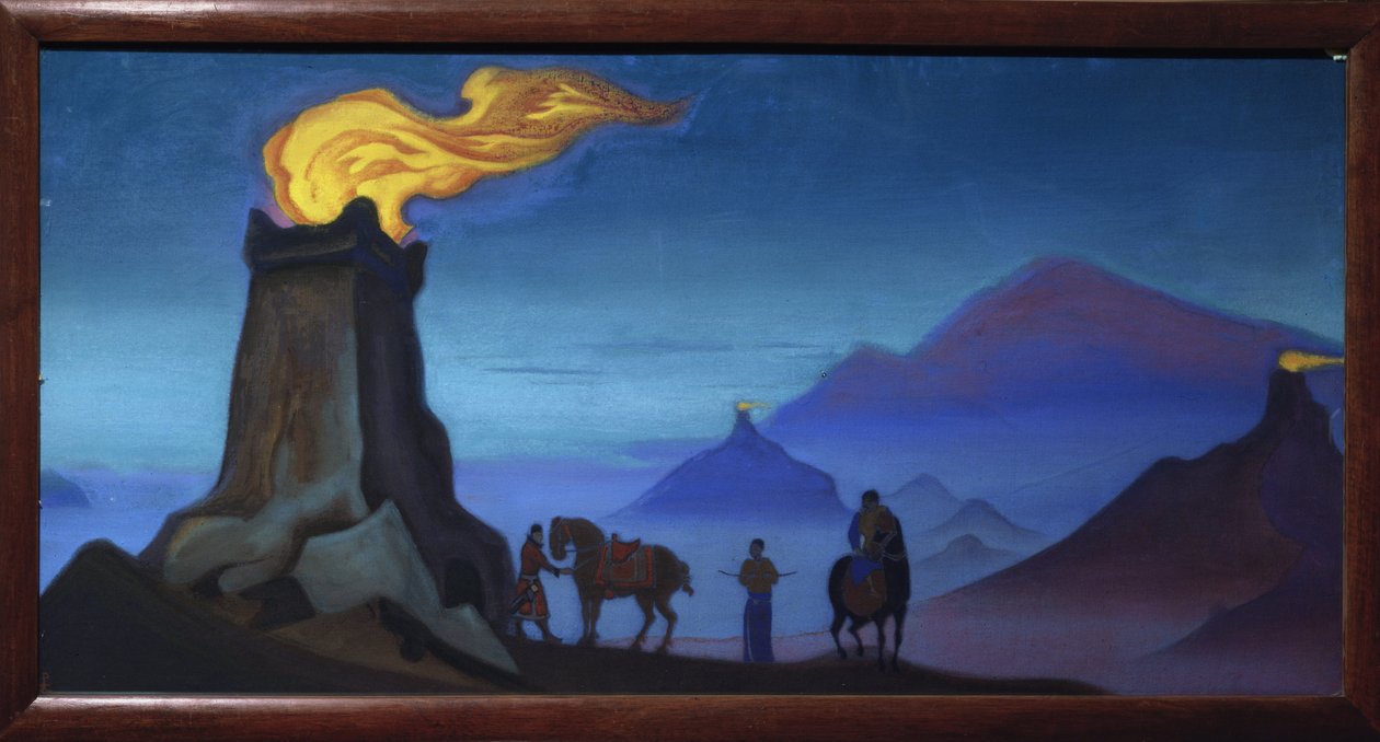 Voiton liekit. (Ratsastajien siluetteja Himalajan vuoristossa, ilta). Nicholas Roerichin (1874-1947) työ, tempera kankaalle tekijältä Nicholas Roerich