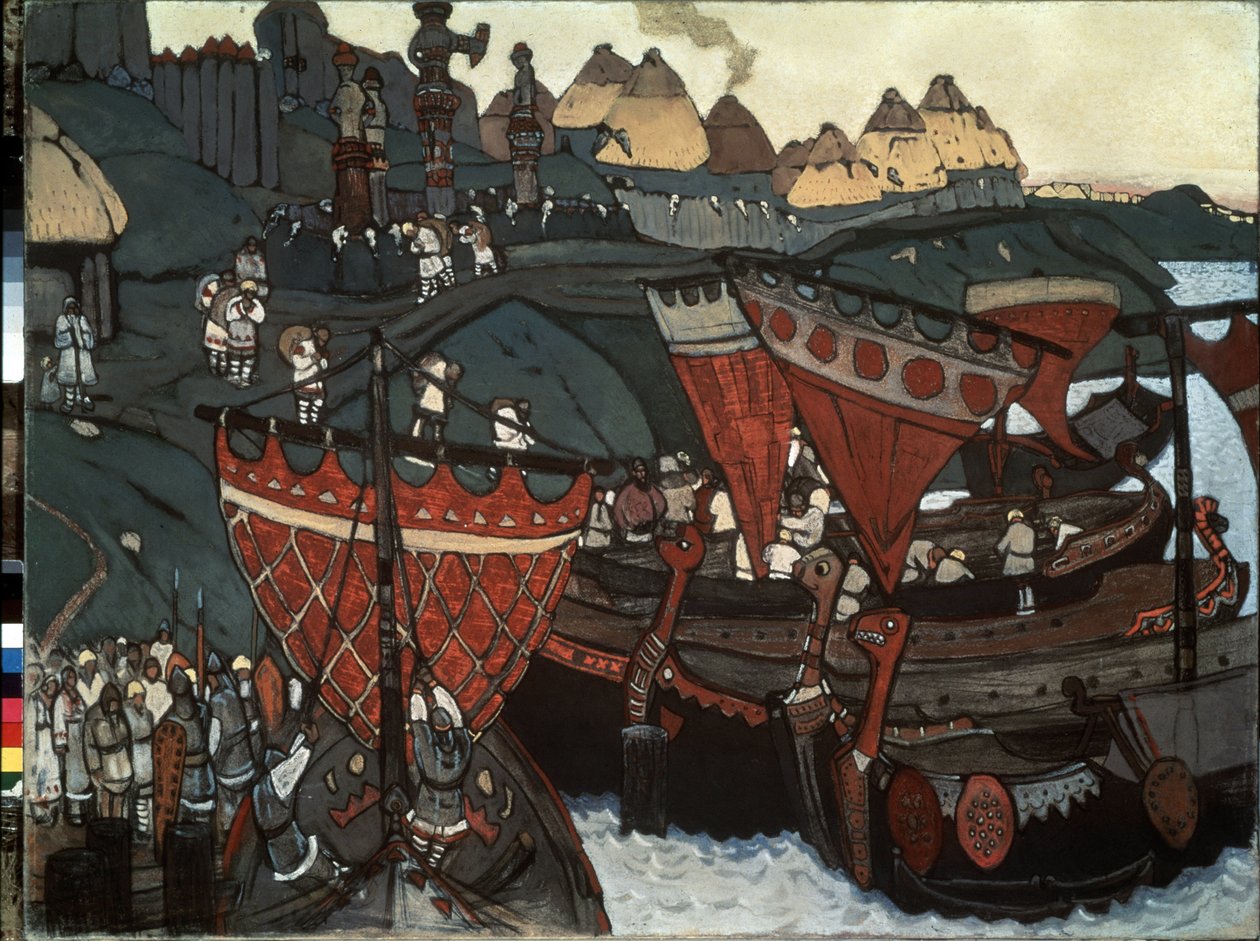 Slaavit Dneprillä: Varangit (tai venäläiset) lainaavat jokea (slaavit Dneprillä). Nicholas Roerichin (1874-1947) työ, tempera ja pastelli pahville tekijältä Nicholas Roerich