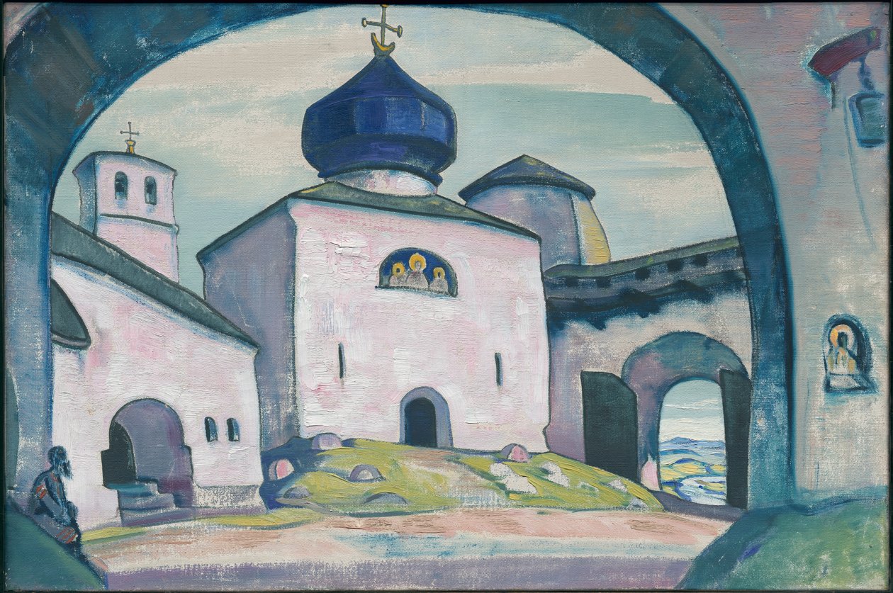 Vanha Pihkova, sisustus Rimski-Korsakovin oopperaan "Pihkovan piika", 1922 tekijältä Nicholas Roerich