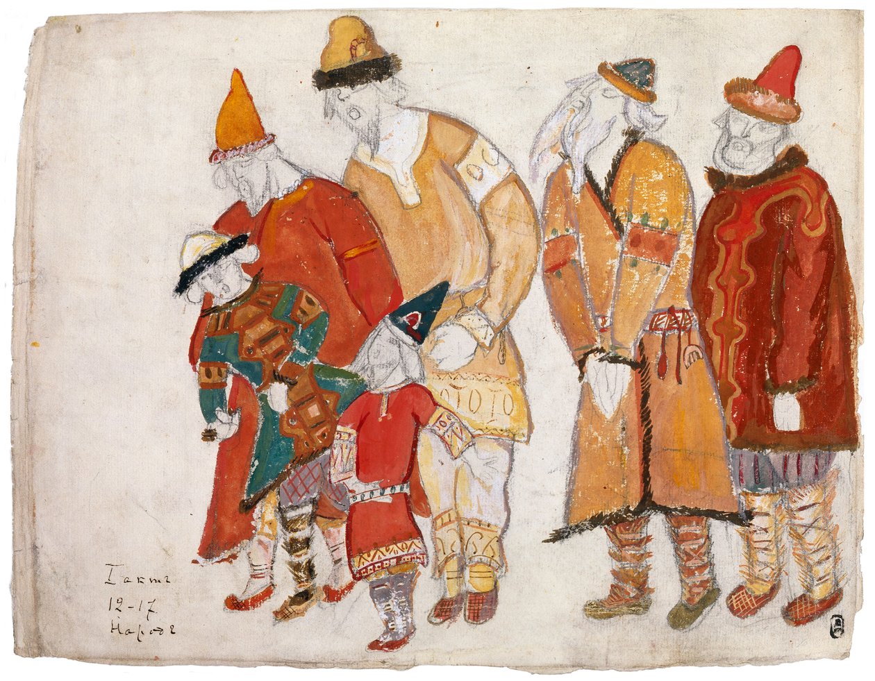 Kansat. Pukusuunnittelu A. Borodinin oopperaan Prinssi Igor, 1914 tekijältä Nikolai Konstantinowitsch Roerich