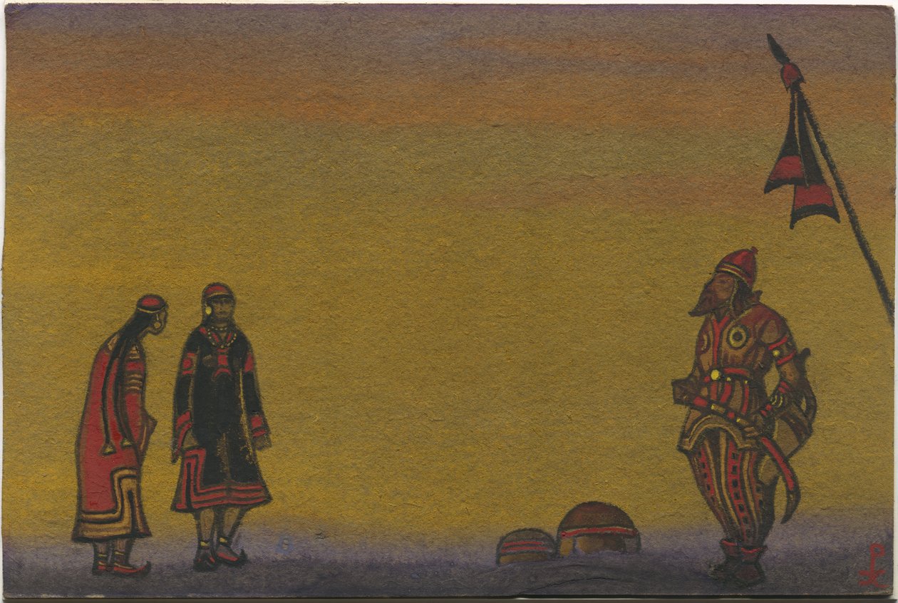 Polovtsialaiset, polovtsilaiset ja neitsyt, pukusuunnittelu Borodinin oopperan "Prince Igor" "Polovtsian tanssiin" 1943 tekijältä Nicholas Roerich