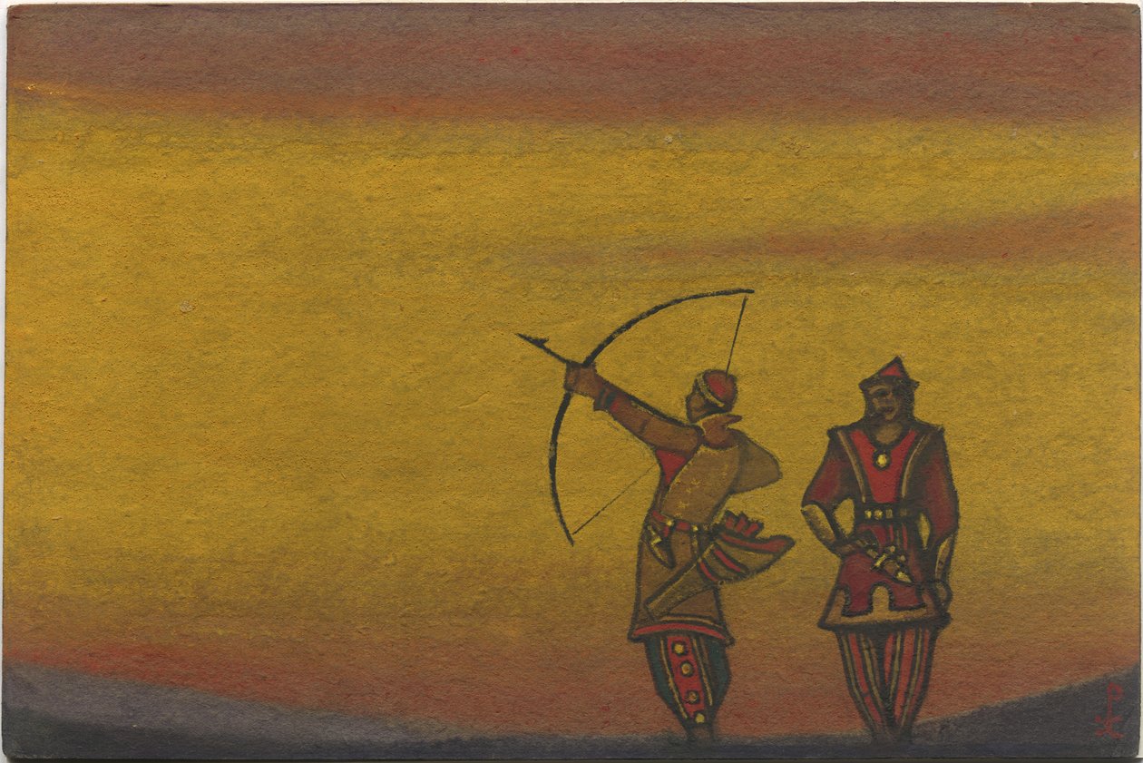 Polovtsilaiset, yksi jousella, pukusuunnittelu Borodinin oopperaan "Prinssi Igor", 1943 "Polovtsian tanssit" tekijältä Nicholas Roerich
