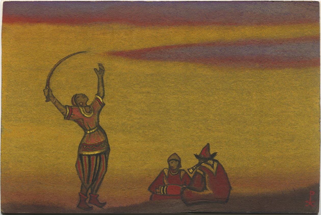 Polovtsilaiset, yksi scitara, pukusuunnittelu Borodinin oopperaan "Prinssi Igor", 1943 "Polovtsian tanssit" tekijältä Nicholas Roerich