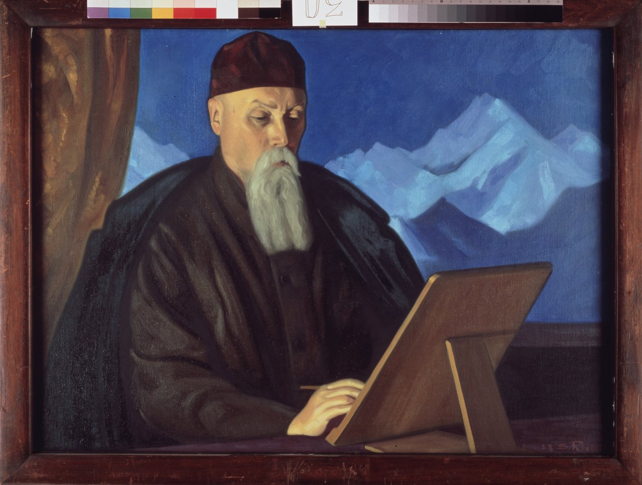 Taiteilija Nicolas (Nicholas) Roerichin (1874-1947) muotokuva. Svjatoslav Nikolajevitš Roerichin (1904-1993) maalaus, tempera kankaalle. Venäläinen taide, 1900-luku, modernia taidetta. Valtion Tretjakovin galleria, Moskova. tekijältä Nicholas Roerich